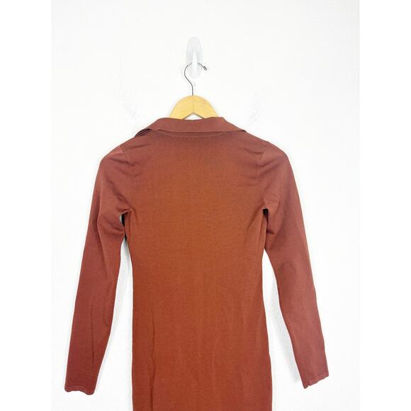 Aritzia Babaton Fame Polo Dress Small Rich Copper Ribbed Long Sleeves Stretch - Picture 11 of 13